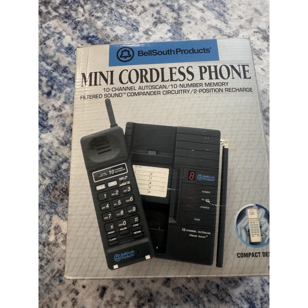Vintage BellSouth 543B Mini Cordless Phone Black 10 Channel Autoscan W/ Box 1984